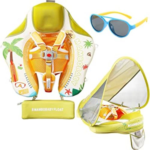 Baby Floats for Pool with Canopy Removable UPF 50+ UV Sun Protection Canopy Mambobaby Float Non Inflatable Upgrade Soft Waterproof Skin-Friendly Leather Material Infant Swim Float 3-24 Months