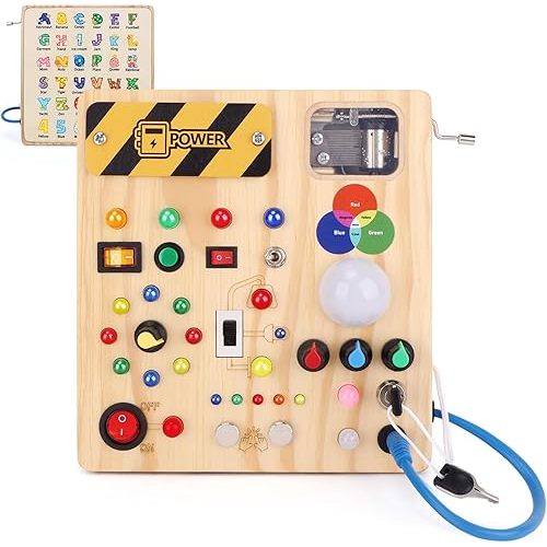 Busy Board,Montessori Toys for 1-3 Years Old, Wooden Toddler Toys, Autism Sensory Travel Toy, Ideal Gift for 1+ Year Old Boys (Busy Board v4)