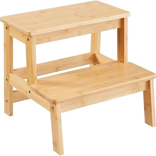 Bamboo Step Stools for Adults Kids, 2 Step Stool for Kichen/Bathroom/Bedside Step Stool - Holds up to 350Lb (Natural)