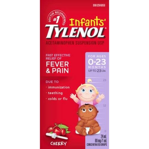 Tylenol Infants' Medicine, Relief of fever & pain, 0-23 Months, Cherry Suspension liquid, Acetaminophen 80mg/1mL, 24 mL