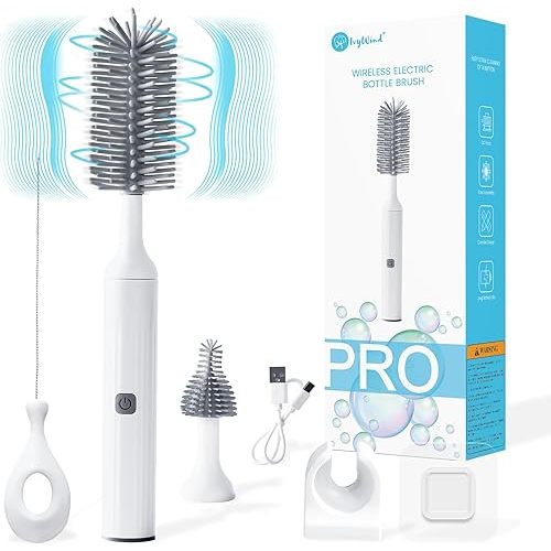 Electric Baby Bottle Brushes USB Rechargeable, Waterproof Bottle Cleaner Brush Wall-Mounted, with Silicone Bottle/Pacifier/Straw Brush, Two-Speed Cleaning Mode, 360° Rotating Cleaning, 1200mAh, Grey