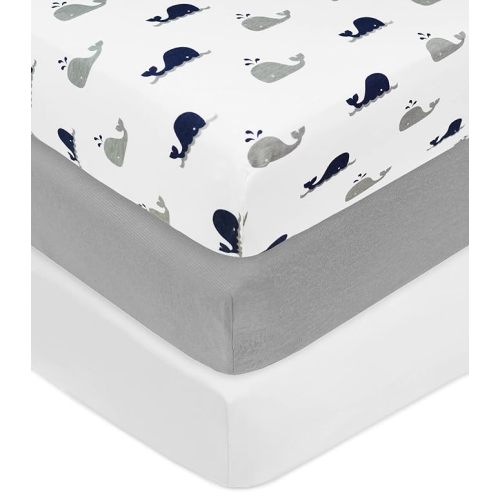 American Baby Company 3 Pack Fitted Crib Sheets 28" x 52", Soft Breathable Neutral 100% Cotton Jersey Sheet, Navy Whale/Gray/White, for Boys and Girls, Fits Crib and Toddler Bed mattresses - Navy Whales/Gray/White