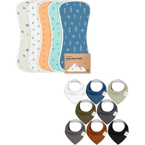 Keababies 5-Pack Burp Cloths for Baby Boys and Girls and 8-Pack Baby Bandana Bibs - Ultra Absorbent Burping Cloth, Burp Clothes, Newborn Towel - Drool Bibs for Baby Girl, Baby Boy