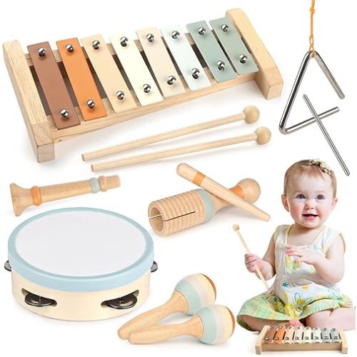 Montessori Toys for 1 Year Old Girls Gifts, Baby Musical Instruments for Toddlers 1-3, Musical Toys for Babies 6-12-18 Months with Boho Xylophone/Drum, Christmas Birthday Gifts for One Year Old Boy