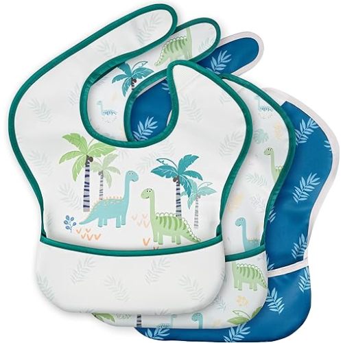 3-Pack Waterproof Baby Bibs for Eating - Mess Proof Lightweight Toddler Feeding Bibs with Large Food Catcher, Food-Grade Baby Eating Essentials, Easy to Put On & Clean(Blue Dinosaur)