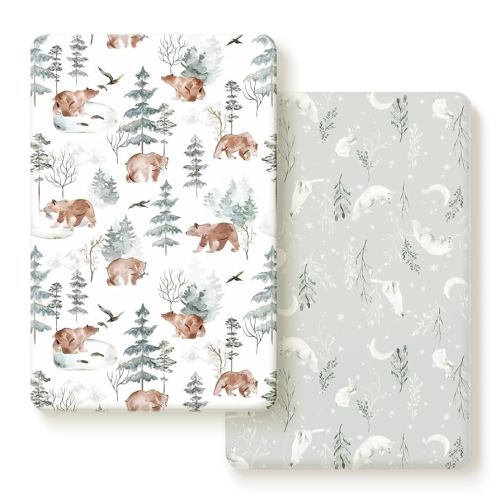 Stretchy Ultra Soft Jersey Knit Fitted Pack and Play Sheets Set 2 Pack, Portable/Mini Crib Sheets Safe and Snug Fitted for Boys and Girls, Cute Bear and Wolf Pattern