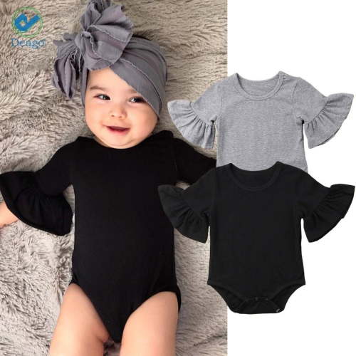 Deago Toddler Baby Girls Ruffled Long Sleeve Cotton Solid Romper Bodysuit Jumpsuit Outfits Clothes (Black)