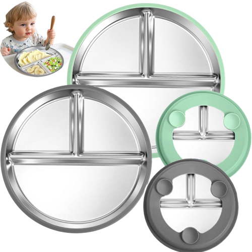 Gofinoday Stainless Steel Baby Plates with Suction | 9 Divided Toddler Dish, 2-in-1 Anti-Slip Silicone Sleeves | Microwave & Dishwasher Safe