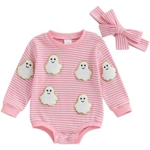 MERSARIPHY Newborn Baby Girl Boy Halloween Outfits Long Sleeve Stripe Waffle Knit Pumpkin Bubble Romper Fall Winter Clothes