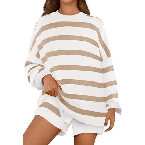 MEROKEETY Women's 2 Piece Sweater Lounge Sets Striped Long Sleeve Shorts Oversized Matching Outfits