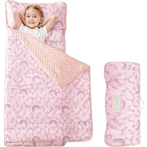 Viviland Toddler Kids Nap Mat for Preschool, Girls Pink Rainbow Slumber Bag, Daycare Sleeping Bag with Pillow and Blanket, Kindergarten Sleep Mat