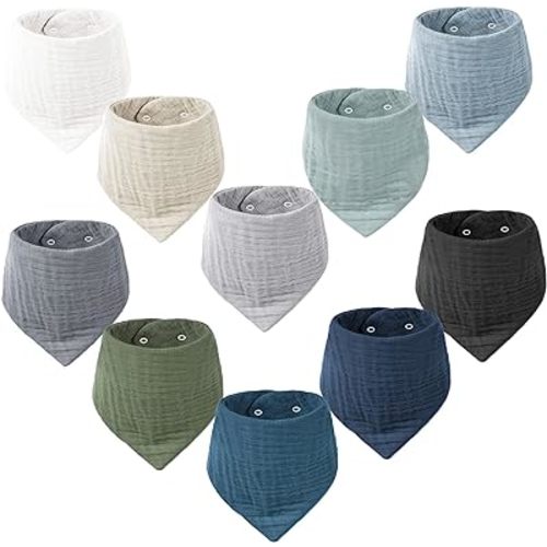 Konssy Muslin Baby Bibs 10 Pack Baby Bandana Drool Bibs 100% Cotton for Unisex Boys Girls, 10 Solid Colors Set for Teething Drooling