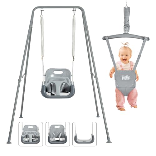 FUNLIO 2 in 1 Swing Set for Toddler & Baby Jumper, Heavy Duty Kids Swing & Bouncer with 4 Sandbags, Foldable Metal Stand for Indoor/Outdoor Play, Easy to Assemble and Store - Grey