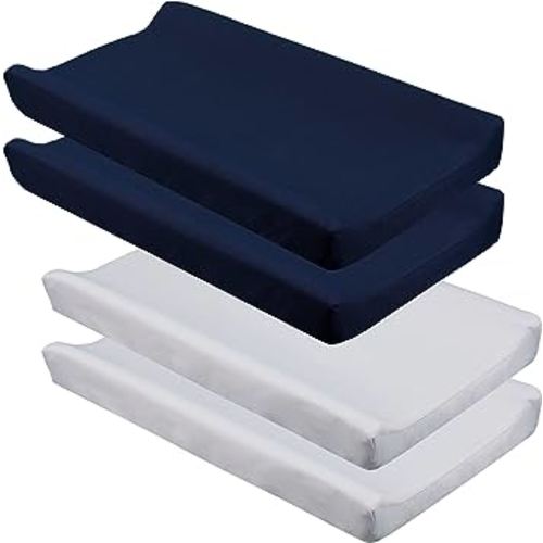 CaSaJa Diaper Changing Pad Cover for Baby Boys Set of 4, Snug Fit 4-Sided Contoured Changing Table Pad 16x31 16x32, Fitted Change Pad Sheet Gray and Navy, 100% Silky Soft Breathable Microfiber