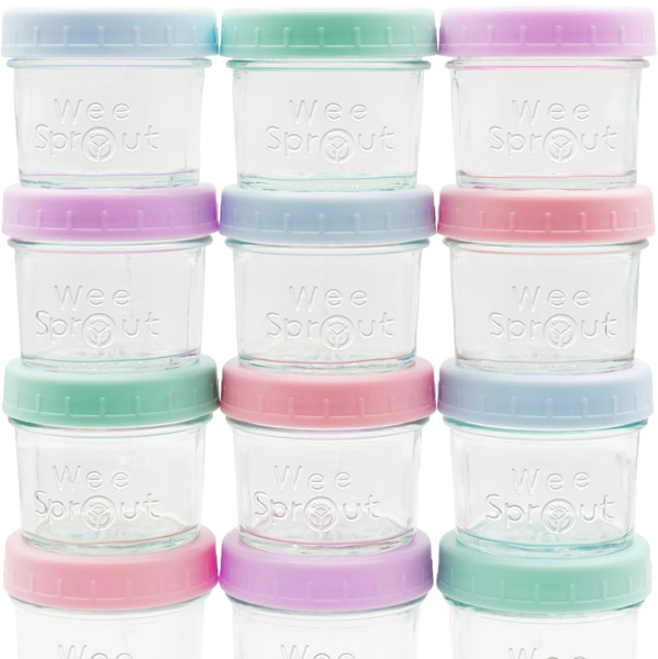 WeeSprout Baby Food Storage Glass Jars w/Lids (4 oz, 12 Pack) Bright Variety, Snack, Reusable Small Containers, Fridge or Freezer, Microwave & Dishwasher Safe, Essentials for Infants