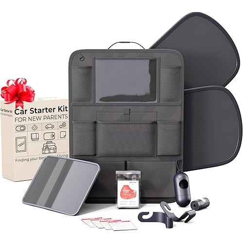 Baby Car Essentials Starter Kit for New Parents w/ 1 Backseat Organizer 2 Window Sun Shades 2 Headrest Hooks 1 Rear Facing CarSeat Mirror – Baby Car Stuff Must Haves & Newborn Essentials