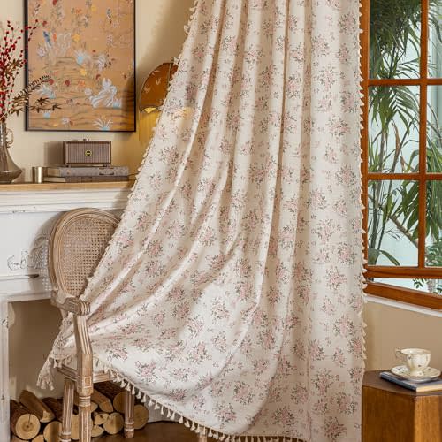 OYX Pink Boho Floral Curtains 84 Inch Long 2panels, French Vintage Farmhouse Patterned Decor Window Drapes with Tassels, Girls Semi-Sheer Light Filtering for Bedroom Living Room (Rod Pocket, 52wx84l)