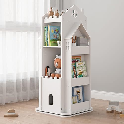 Revolving Bookcase,360° Children Bookshelf,Multi-Functional Floor Standing Book Storage Rack Organizer for Kids Room Bedroom-White 45x45x108cm(18x18x43inch) 68ps5-001
