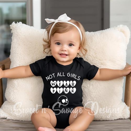 Not all girls wear Pink Onesie®, Skull Baby Onsie®, Baby Shower Gift, Punk Rock baby Onesies®, Alternative baby gift, Rocker infant bodysuit
