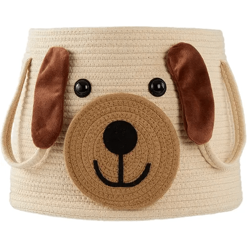 Large Dog Woven Basket with handles, Cute Laundry Basket, Toy Storage Basket, Baby Gift Basket, Animal Basket for Nursery, Clothes, Towels, Dog/Cat Toys