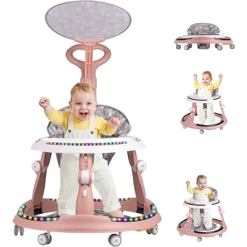 Baby Walker, Baby Walker with Wheels and Double LED Lights, Multifunction Foldable Baby Walker, 3-Position Height & 5-Position Seat Adjustment, Walkers for Babies Includes Sunshade and Push Handle