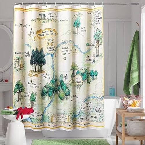 Estmy Cute Cartoon Kids Shower Curtain Sets with Hooks, Hundred Acre Wood Map Fabric Shower Curtain Kids Bathroom Decor, Vintage Retro Woodland Fun Shower Curtain for Kids Boys Girls Bathroom Unisex