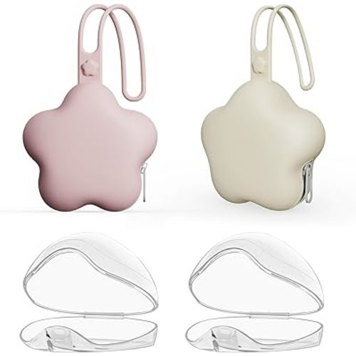 4 Pack Pacifier Holder Case,2pcs Silicone Portable Pacifier Pouch and 2pcs Transparent Nipple Holder Case Container, On-The-GO Pacifier Storage Container Box,BPA Free, Easy to Clean(Pink+Khaki)