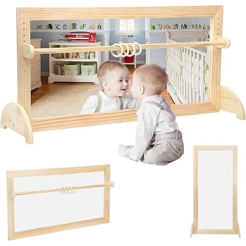 Montessori Mirror Baby Wall, 3-in-1 Shatterproof Mirror and Wooden Baby Pull Up Bar,Suitable for Toddlers, as Montessori Baby Furniture, Ideal for use in Nurseries, Home Schools, or Preschools