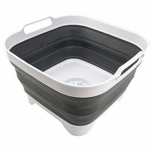 SAMMART 10L (2.6 gallons) Collapsible Plastic Dishpan with Draining Plug, White/Steel Grey