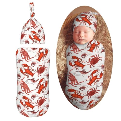 Muishi Cute Sea Food Red Lobster Crab Newborn Swaddle Blankets Hat Sets Soft Baby Receiving Blanket Swaddle Sack for Baby Shower Infant Boy Girl Gift