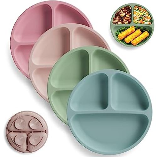 ME.FAN Suction Plates [4 Pack] Toddler Plates for Babies & Toddlers, Food Grade Silicone Baby Plates with Divided Design, Stay Put with 4 Suction Cups for Self Feeding