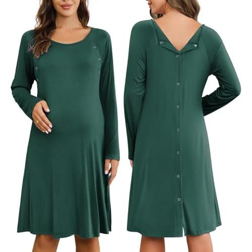 Ekouaer Women Maternity Nightgown Labor Delivery Nursing Gown Hospital Breastfeeding Dress Button Down Long Sleeve Sleepwear