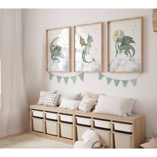 Dragon Prints, Boys Prints, Set of 3, Green Prints, Nursery Decor, Dragon Art, Nursery Prints, Boys Bedroom Prints, Dragon Wall Decor