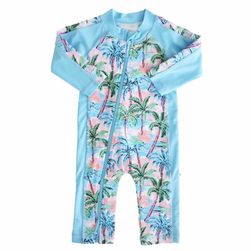 Long Sleeve Rash Guard Swim Romper Full Length | Pastel Palms