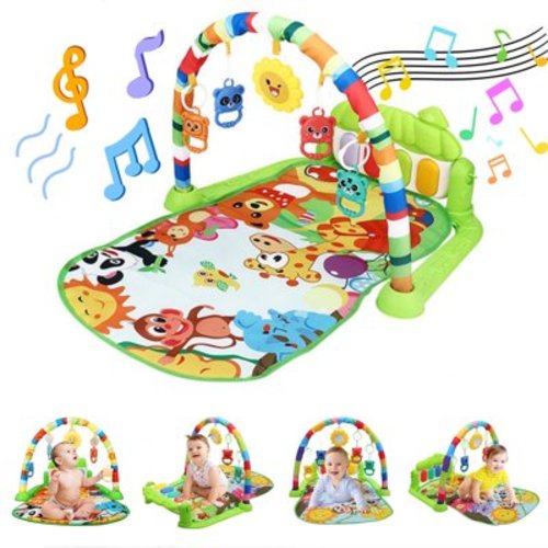 Baby Tummy Time Mat, Baby Gyms Playmats Activity Mat with 5 Toys and Play Piano Gym Mat with Music for Visual, Hearing, Sensory, Motor Development, Baby Toys Gift for Toddler Infants