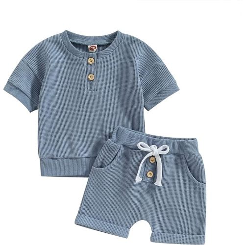 Ledy Champswiin Summer Newborn Baby Boy Girl Clothes Set Ribbed Outfits Unisex Infant Solid Short Sleeve Tops Shorts 2PCS - 6-12 Months - A1 Blue