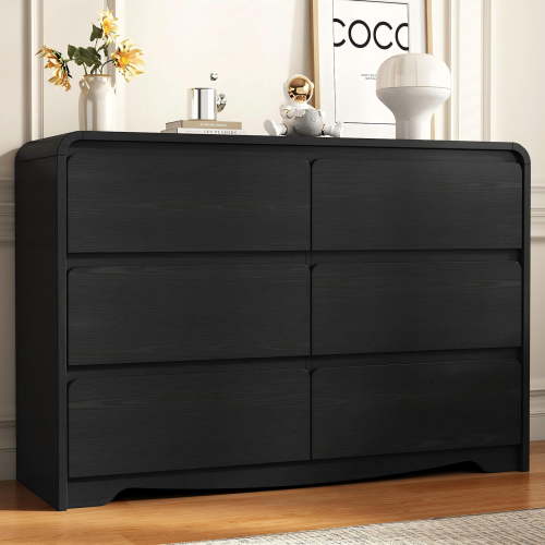 6-Drawer Dresser for Bedroom, 47-inch Wide Modern Minimalist Storage Chest with Safe Rounded Corners & Handle-Free Groove Design, Anti-Tip Anchor Included (Black)