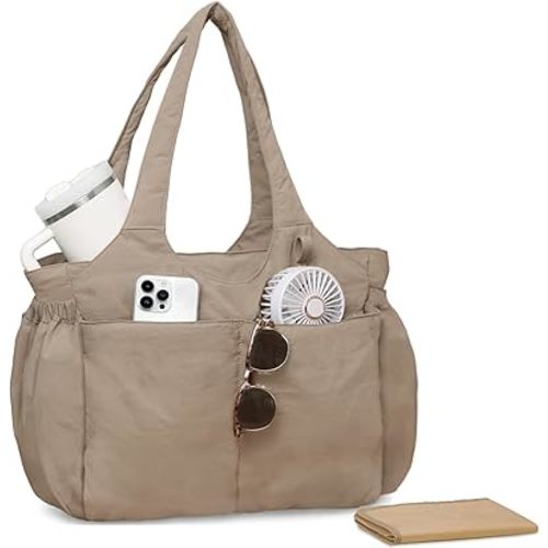 MOMINSIDE Diaper Bag Tote Bag Puffer Purse for Women,Large lightweight Baby Bag for Travel,Work Bags fits 40oz Tumbler for Business,Nurse,Office with 13 pockets,Changing pad,Brown