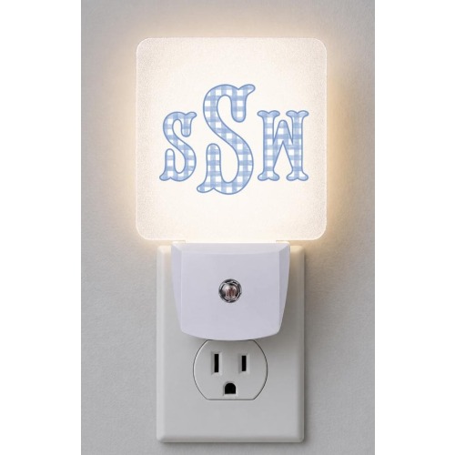 Personalized blue gingham Monogram Night Light, Custom Initial Night Light Nursery Decor, Plug In LED Nightlight, Baby Boy Room Lamp