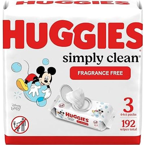 Huggies Simply Clean Fragrance-Free Baby Wipes, Unscented Diaper Wipes, 3 Flip-Top Packs (192 Wipes Total)