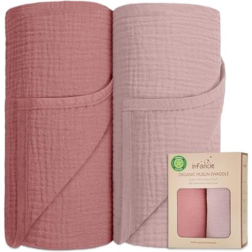 Organic Cotton Muslin Baby Blanket - 47x47 Inch Breathable Swaddle, Hypoallergenic Double-Layer, Versatile Use (Rose/Peach)