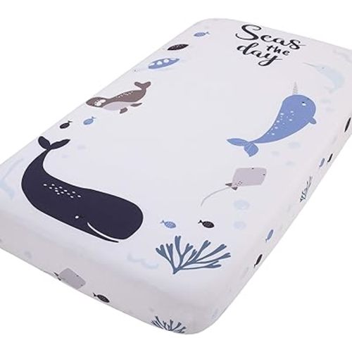 NoJo Seas The Day Multi Sea Animals Blue and White 100% Cotton Photo Op Fitted Crib Sheet