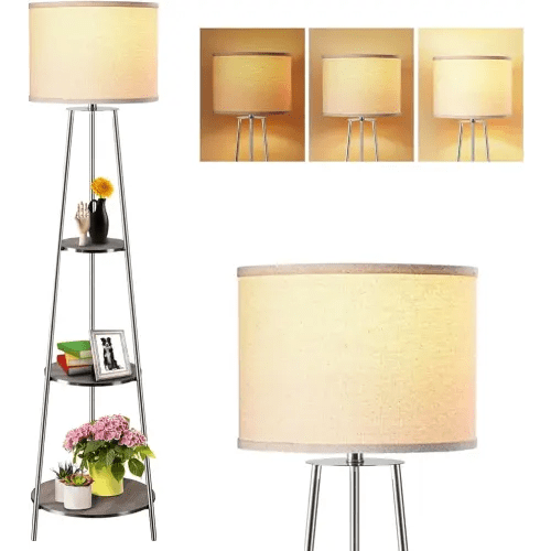 Floor Lamp, Standing Lamp with White Fabric Shade, 3-Tier Round Corner Shelf Floor Lamp with 3 Dimmable Levels, Tall Modern Floor Lamps with Shelves for Bedroom, Living Room and Office