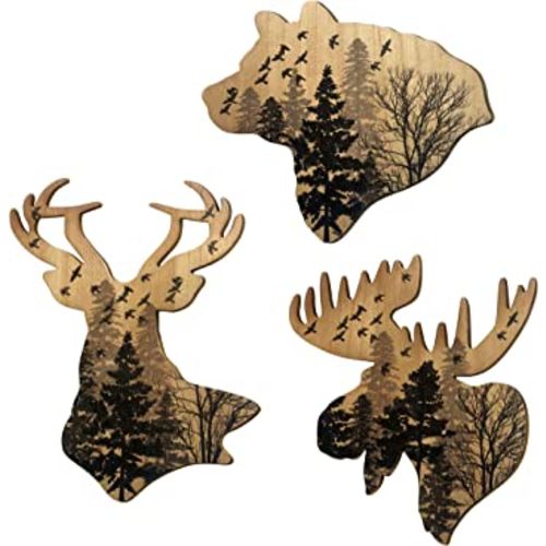 WAIU Trio Wildlife Accent Wood Wall Hanging Woodland Animal Wall Art Hanging Rustic Animal Cottage Decor Home Cottage Wall Decor Set of 3