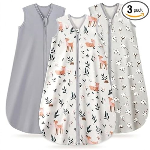 3 Pack Baby Sleep Sack 6-12 Months 100% Organic Cotton, 0.5 TOG Lightweight Wearable Blanket, 2-Way Zipper Sleeping Bag, Cotton&Fawn&Grey