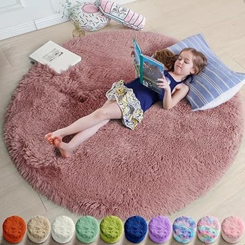 Blush Round Rug 6Ft for Bedroom, Fluffy Fuzzy Plush Circle Area Rugs for Baby Kids Room Decor Aesthetic, Shaggy Circular Carpet for Teen Girls Nursery Dorm Playroom, Cute Large Dusty Rose Mauve Rug