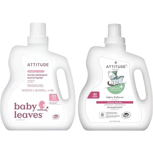 Bundle of ATTITUDE Baby Liquid Laundry Detergent and Fabric Softener, Plant and Mineral-Based Ingredients, HE Compatible, Vegan Household Products, Unscented, 80 Loads, 67.6 Fl Oz
