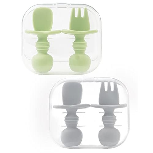 DF DUALFERV 4 Pcs Baby Spoons Self Feeding 6 Months, Silicone Baby Spoons First Stage and Baby Fork, Toddler Utensils for Baby Led Weaning with 2 Cases (Green, Grey)