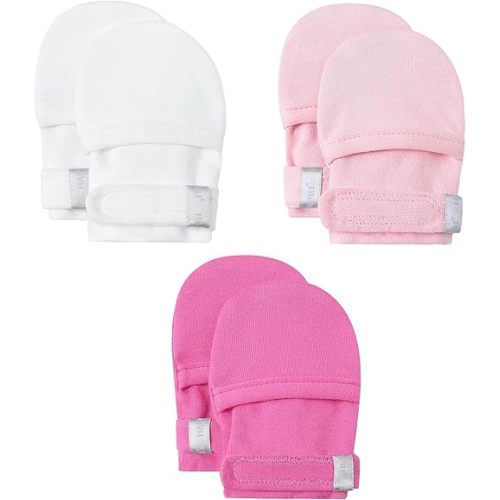HAPIU Baby No Scratch Mittens Stay On, 100% Cotton Breathable, Adjustable Infant Gloves for Boys Girls, Newborn - 12 M