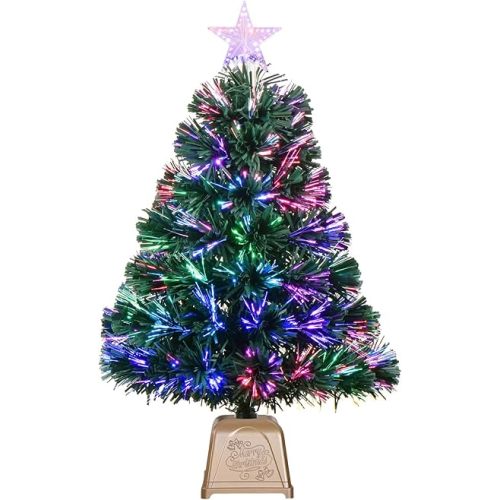24inch Green Fiber Optic Christmas Tree,Pre-Lit Artificial Mini Christmas Tree, Tabletop Small Xmas Tree with Stars Holiday Home Decorations